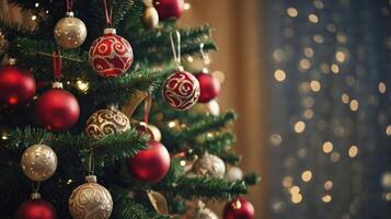 Decorated Christmas Tree with Red and Gold Ornaments and Festive Lights photo