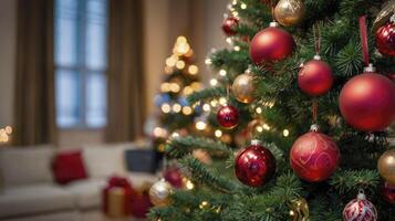 Decorated Christmas Tree with Lights and Red Ornaments in Living Room photo