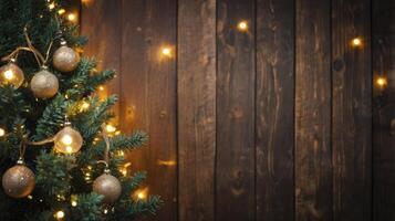 Decorating Christmas Tree with Golden Baubles and String Lights on Wood photo