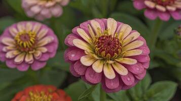 Pink Zinnia Flower Blooming in Garden with Yellow Accents Closeup photo