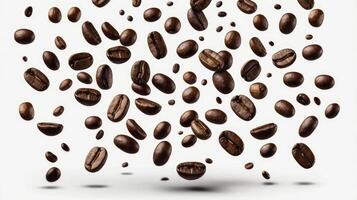 Falling Coffee Beans Isolated on White Background for Drink Concept photo
