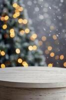 Christmas Tree with Lights and Snowfall Over White Wooden Display Table photo