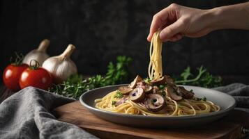 Serving Creamy Mushroom Spaghetti with Parmesan Cheese and Fresh Vegetables photo