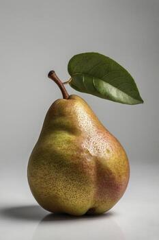 Ripe Pear Still Life with Leaf on Gray Background photo