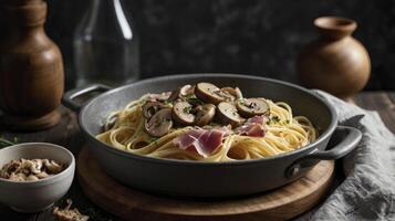 Serving of Spaghetti with Mushrooms and Prosciutto on a Wooden Board photo