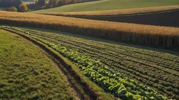 Scenic Farmland Landscape with Rows of Crops and Rolling Hills photo