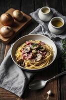 Delicious Spaghetti with Mushrooms and Ham on Rustic Wooden Table photo