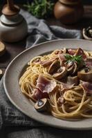 Delicious Spaghetti with Mushroom and Prosciutto Toppings on Rustic Plate photo