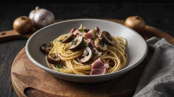 Spaghetti with Mushrooms and Ham Served on Wooden Board Ready to Eat photo