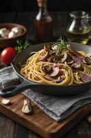Spaghetti with Mushroom and Ham in Pan Rustic Italian Food Concept photo