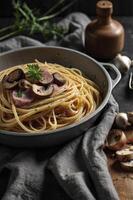 Serving of Spaghetti with Mushrooms and Ham Topped with Parsley photo