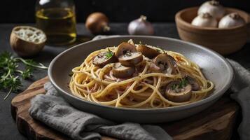 Serving Spaghetti with Mushroom Slices and Fresh Herbs for Dinner photo