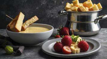 Enjoying Cheese Fondue with Fresh Strawberries and Bread Pieces photo