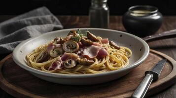 Serving of Spaghetti with Mushrooms and Ham on Rustic Wood Table photo
