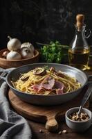 Serving Delicious Spaghetti with Ham and Mushrooms in a Rustic Setting photo