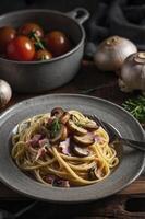 Spaghetti with Mushrooms and Ham Recipe on Rustic Plate Still Life photo