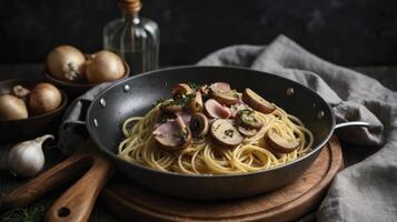 Serving Delicious Mushroom and Ham Spaghetti in a Pan with Ingredients photo