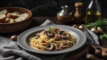 Serving of Spaghetti Carbonara with Mushrooms and Ham on Rustic Table photo