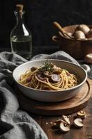 Serving Delicious Spaghetti Carbonara with Mushrooms and Rosemary Garnish photo