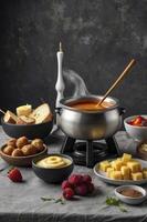 Preparing Cheese Fondue with Bread Meatballs and Fruits for Party photo