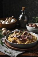 Serving of Spaghetti with Mushrooms and Ham for Elegant Italian Cuisine photo