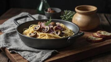Serving Spaghetti with Mushrooms and Prosciutto in Pan for Delicious Meal photo