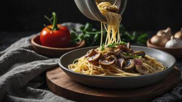 Serving Mushroom Spaghetti in Bowl Delicious Italian Meal Close Up photo