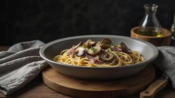 Serving Delicious Spaghetti Pasta with Mushrooms and Ham on Wooden Table photo