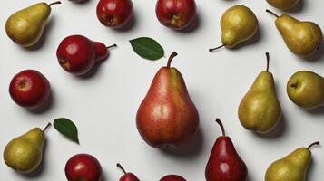 Fresh Pears and Apples Flat Lay Composition on White Background photo