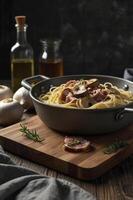 Spaghetti Carbonara with Mushrooms and Ham Served on Wooden Board photo