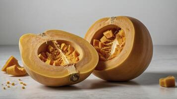 Sliced Kabocha Squash Showing Seeds and Flesh for Cooking Preparation photo