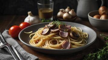 Delicious Spaghetti Pasta with Mushroom and Ham Served on Plate photo