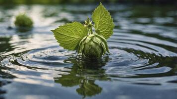 Hops Flower Floating on Water Creating Ripples in the Water photo