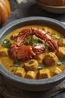 Serving Pumpkin Curry Soup with Crab Claw and Cilantro Garnish photo