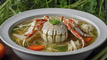 Elegant Crab Roe Noodle Soup Presentation with Fresh Herbs and Vegetables photo