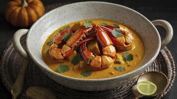 Serving Pumpkin Lobster Bisque with Cilantro and Lime for Autumn Dinner photo