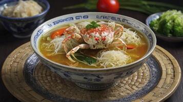 Crab Noodle Soup Served in a Patterned Bowl for Lunch photo
