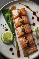 Delicious Salmon Sashimi with Lime Garnish and Soy Glaze Plating photo