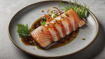 Salmon Sashimi Slices with Soy Glaze and Vegetable Garnish on Plate photo