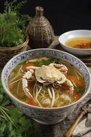 Crab Noodle Soup Bowl with Herbs and Vegetables Vietnamese Cuisine photo
