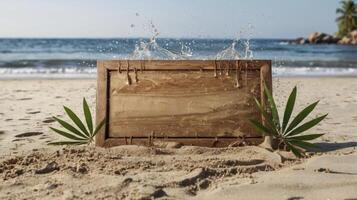 Wooden Sign Display on Sandy Beach with Water Splash Backdrop photo