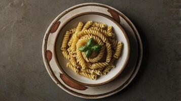 Overhead View of Pasta Dish with Basil Garnish on Rustic Plate photo