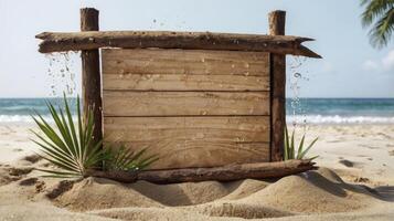 Wooden Sign on Sandy Beach with Palm Tree and Ocean View photo