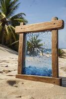 Framed Beach Scene with Artificial Wave and Palm Tree Backdrop photo