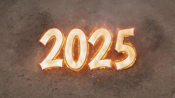 Burning Year Number 2025 on Dark Ground for New Year Concept photo