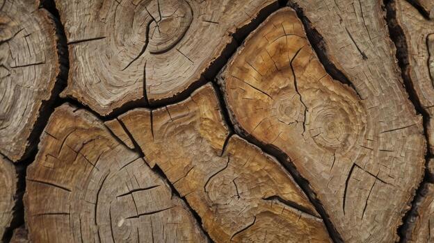 Examining Weathered Tree Trunk Cross Section Rings and Wood Grain Detail photo