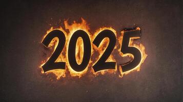 Burning 2025 New Year Number on Dark Background with Fire Effect photo