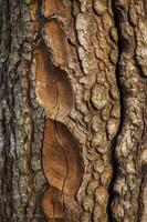 Close-up of Textured Tree Bark Featuring Scarred and Damaged Wood photo
