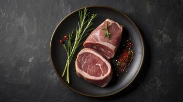 Raw Lamb Chops on Dark Plate with Rosemary and Spices Preparation photo