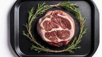 Raw Pork Shoulder Roast with Rosemary on Black Tray Top View photo